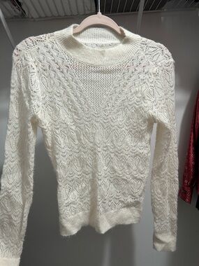 LOFT Cream Open-Knit Mock Neck Sweater